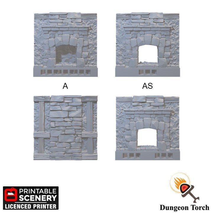 Tudor Fireplace Walls 28mm for D&D Terrain, Modular Building Tiles OpenLOCK, DnD Medieval Hearth Tudor Walls