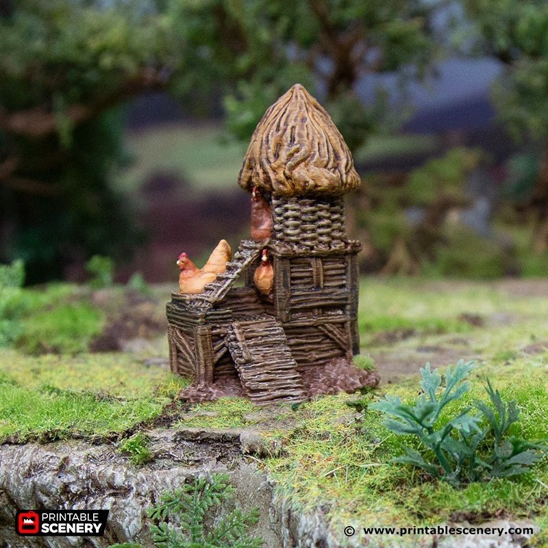 Miniature Chicken Coop with Hens 15mm 28mm 32mm for D&D Terrain, DnD Pathfinder Wargame, Diorama, Hens Tower, Hagglethorn Hollow