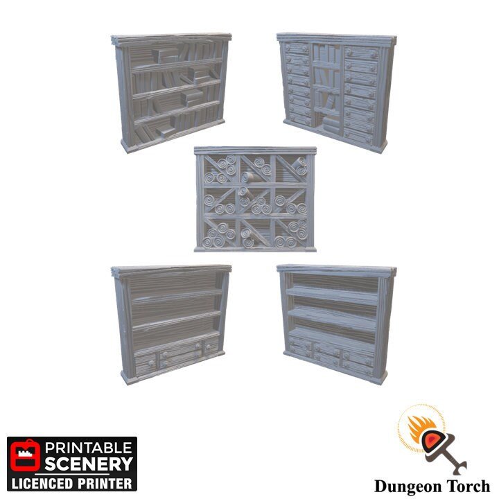 Miniature Bookcases and Shelves 15mm 28mm for D&D Terrain, Freestanding DnD Pathfinder Library Furniture, Medieval Study Scroll Cases