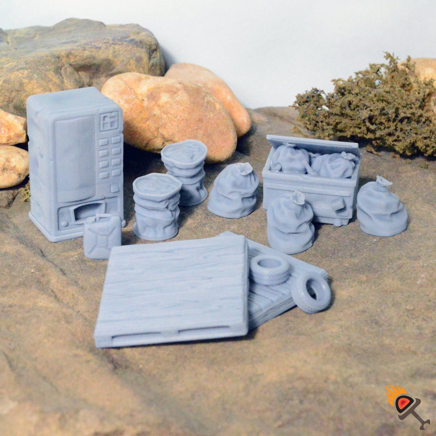 Convenience Store Furniture 20mm 28mm 32mm for Gaslands Terrain, Fallout Wasteland Urban Post-Apocalyptic, Soda Machine Garbage Bags Barrels