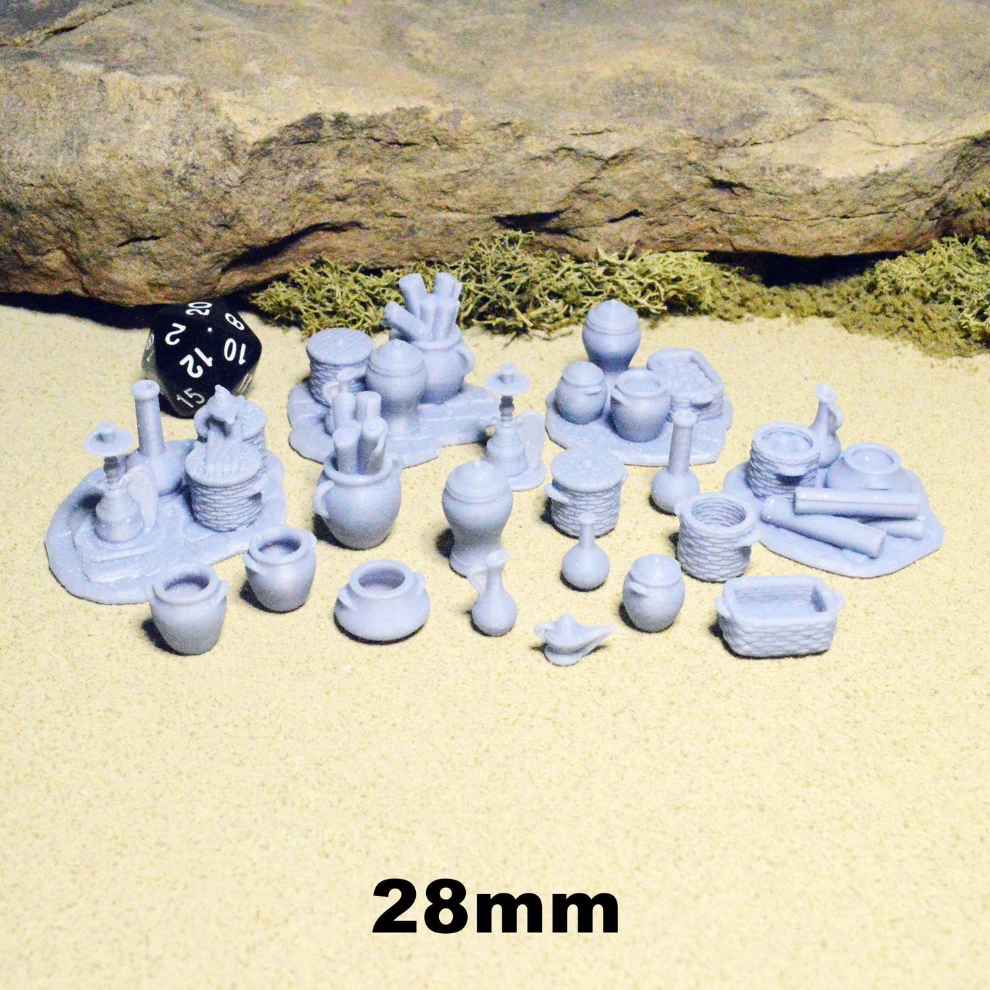 Miniature Market Bazaar Props 28mm for D&D Terrain, DnD Pathfinder Desert, Empire of Scorching Sands, Vases, Lamps, Baskets