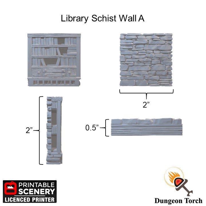 Library Bookcase Schist Wall Tiles 28mm for D&D Terrain, Modular OpenLOCK Building Tiles, DnD Medieval Village Stone Wall Tiles