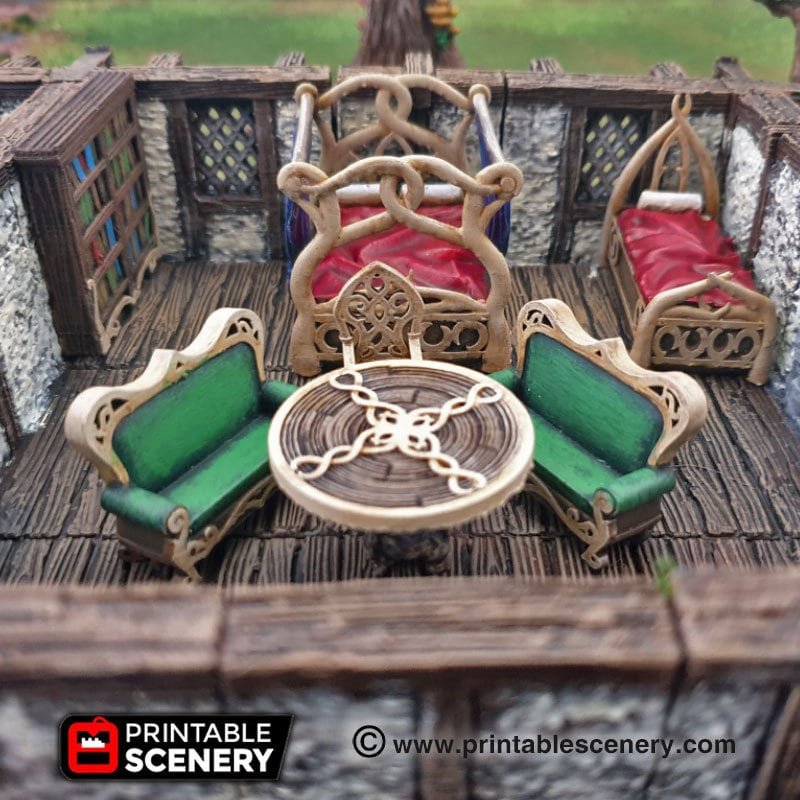 Miniature Elegant Furniture 28mm 32mm for D&D Terrain, DnD Pathfinder Elven Fantasy Beds, Tables and Chairs