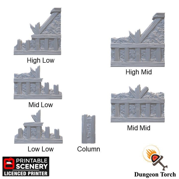 Ruined Tudor Wall Tiles Straight 28mm, Modular OpenLOCK Building Tiles, D&D DnD Pathfinder Village Terrain