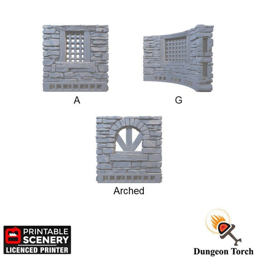 Schist Window Walls 28mm, Modular Building Tiles OpenLOCK, DnD Stone Window Walls, D&D Medieval Village Terrain