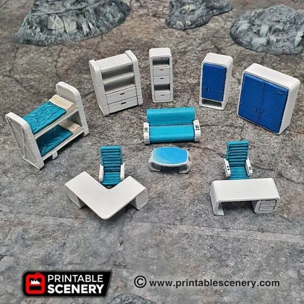 Miniature Modern Furniture 15mm 20mm 28mm 32mm for Sci-Fi Terrain, D&D DnD Pathfinder, Operations Base Furniture Bunk Beds Couch Desk Chairs