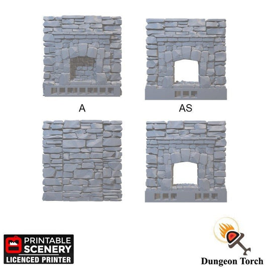 Schist Fireplace Walls 28mm for D&D Terrain, Modular Building Tiles OpenLOCK, DnD Medieval Village Stone Hearth Walls