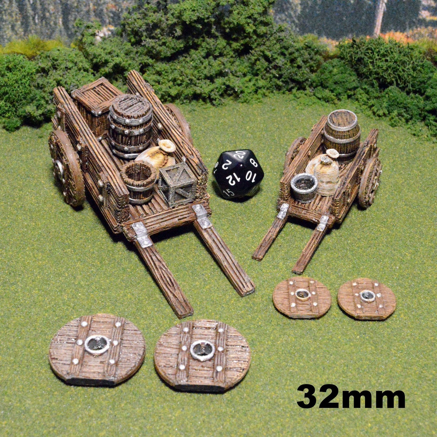 Wagons and Cargo 28mm 32mm for D&D Terrain, DnD Pathfinder Merchant Supplies, Miniature Cart Crates Barrels Sacks