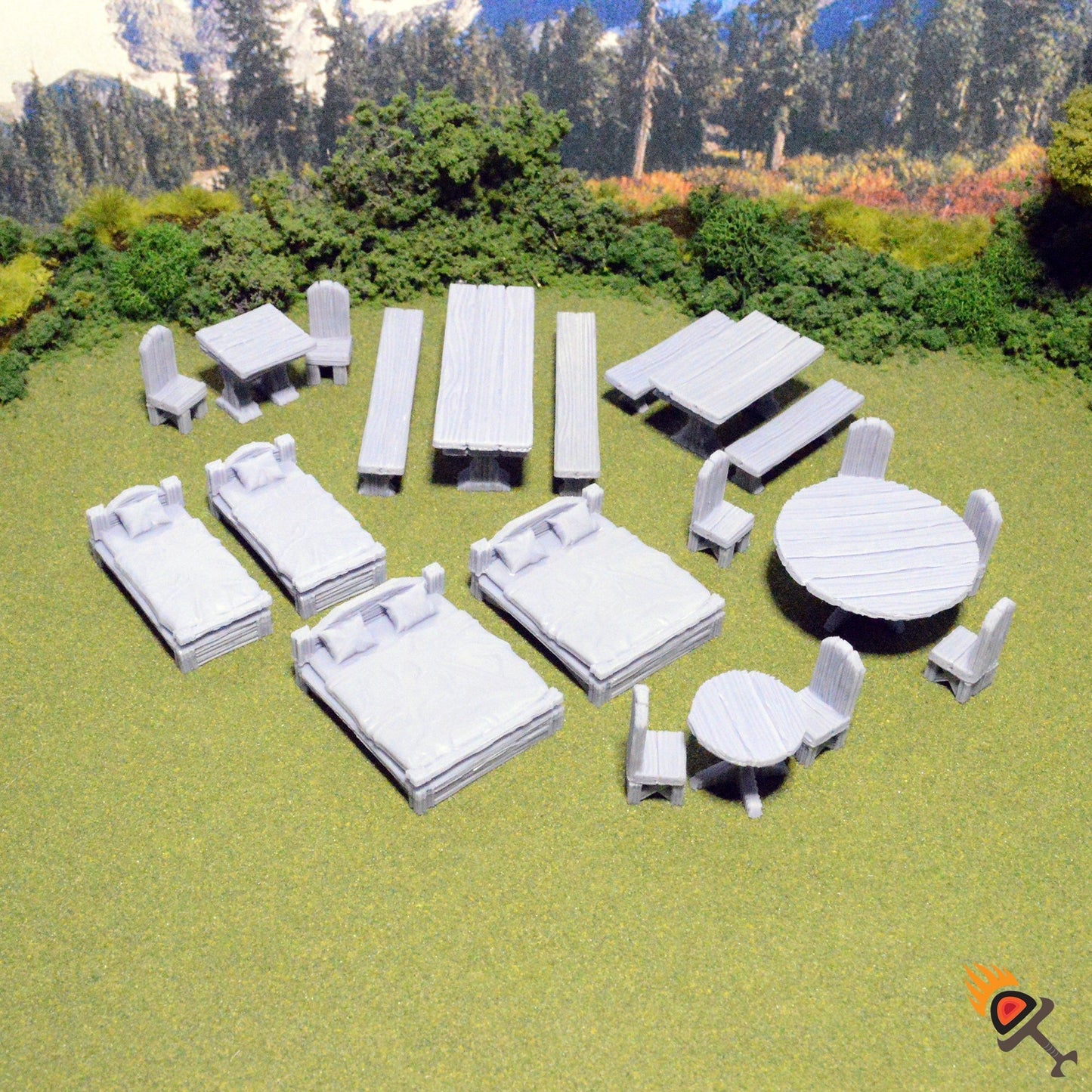 Miniature Simple Furniture 15mm 28mm 32mm for D&D Terrain, DnD Pathfinder Tavern Inn Tables Chairs and Beds