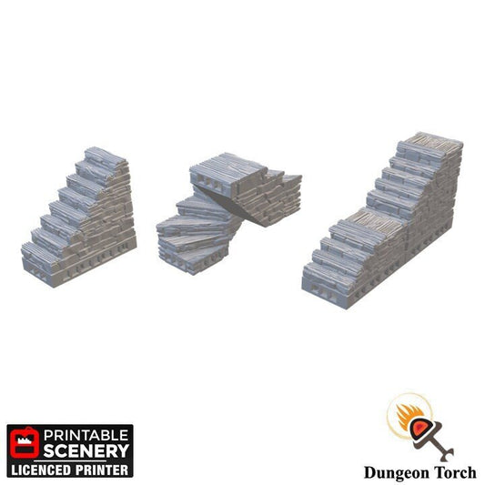 Rustic Stone and Wooden Stairs 28mm for D&D Terrain, Modular OpenLOCK Building Tiles, DnD Pathfinder Village House Stairs