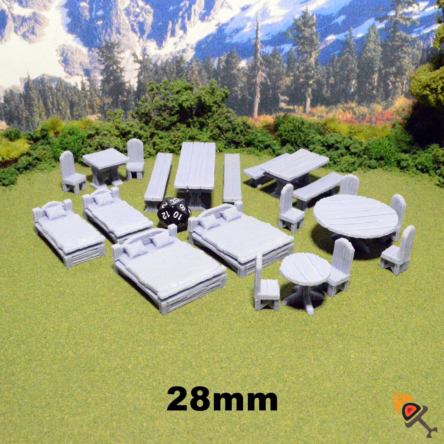 Miniature Simple Furniture 15mm 28mm 32mm for D&D Terrain, DnD Pathfinder Tavern Inn Tables Chairs and Beds