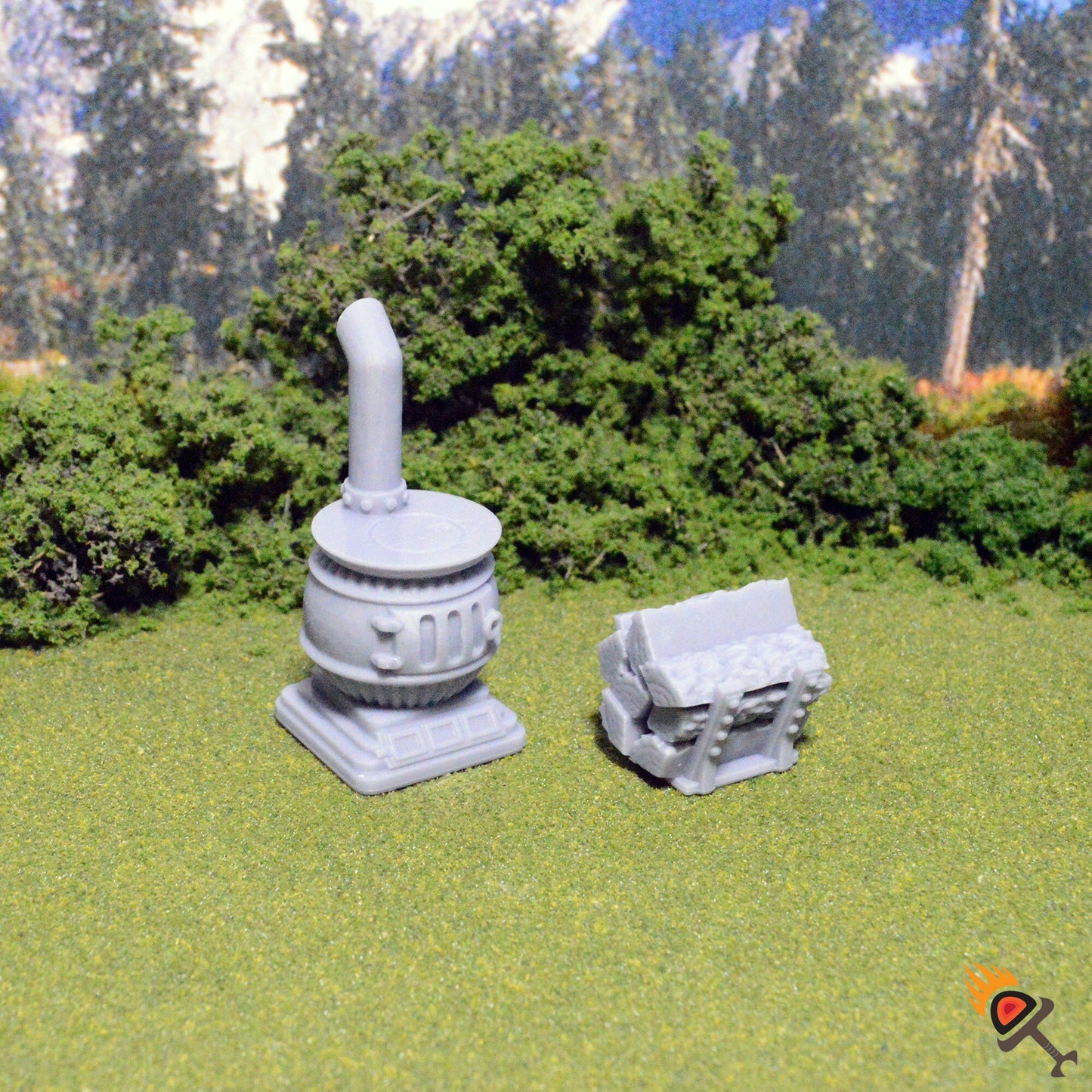 Miniature Potbelly Stove and Firewood Rack 15mm 28mm 32mm for D&D Terrain, DnD Pathfinder Tavern Inn Diorama Furniture