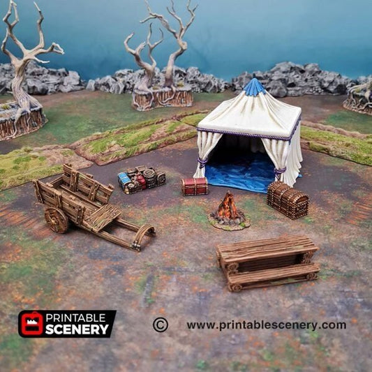 Traveler's Camp II 15mm 28mm 32mm for D&D Terrain, Adventurer's Campsite for DnD Pathfinder, Tent Firepits Cargo Wagon Horse Chests