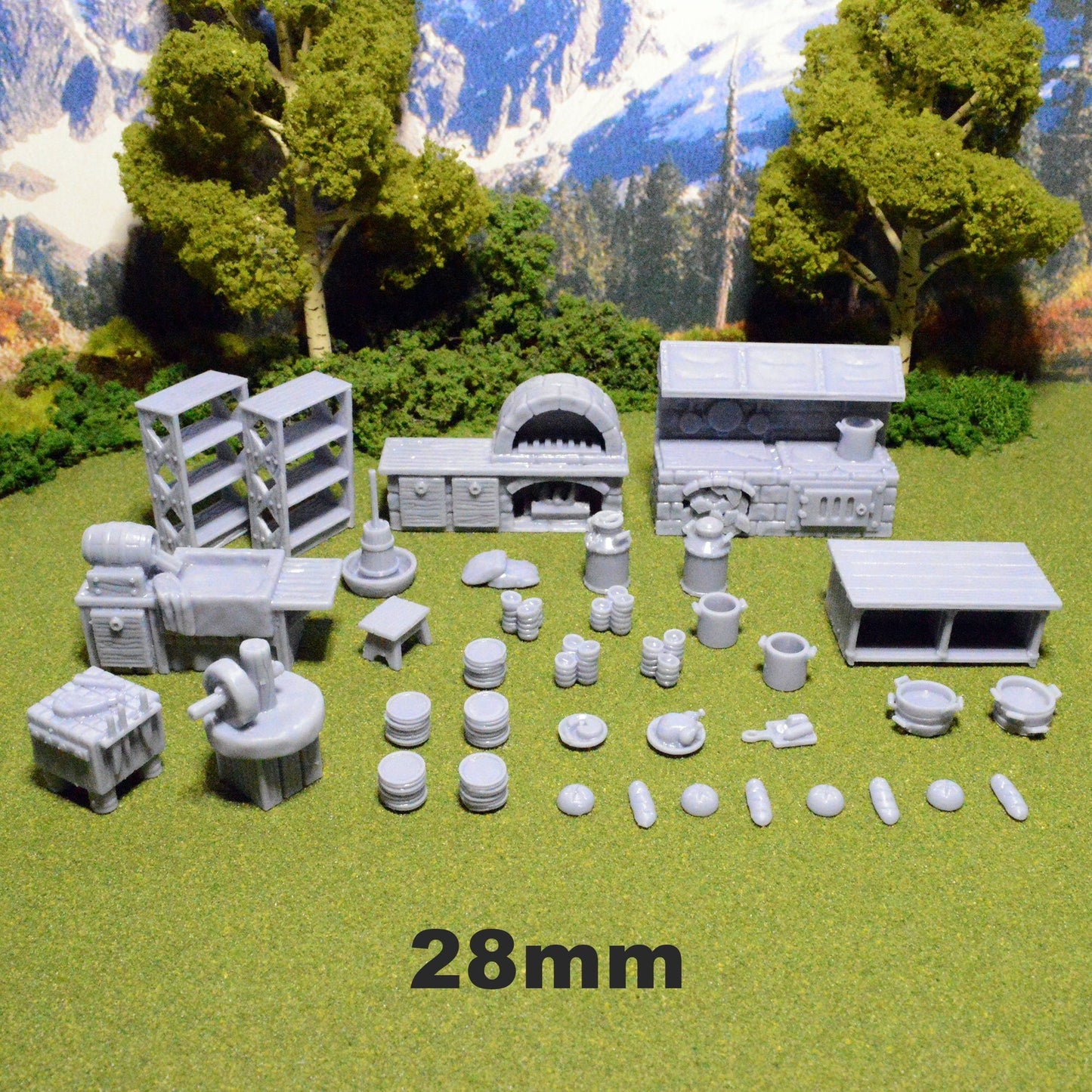 Miniature Kitchen Furniture and Food 28mm for D&D Terrain, DnD Pathfinder Diorama Tavern Inn Oven Stove Shelves Dishes