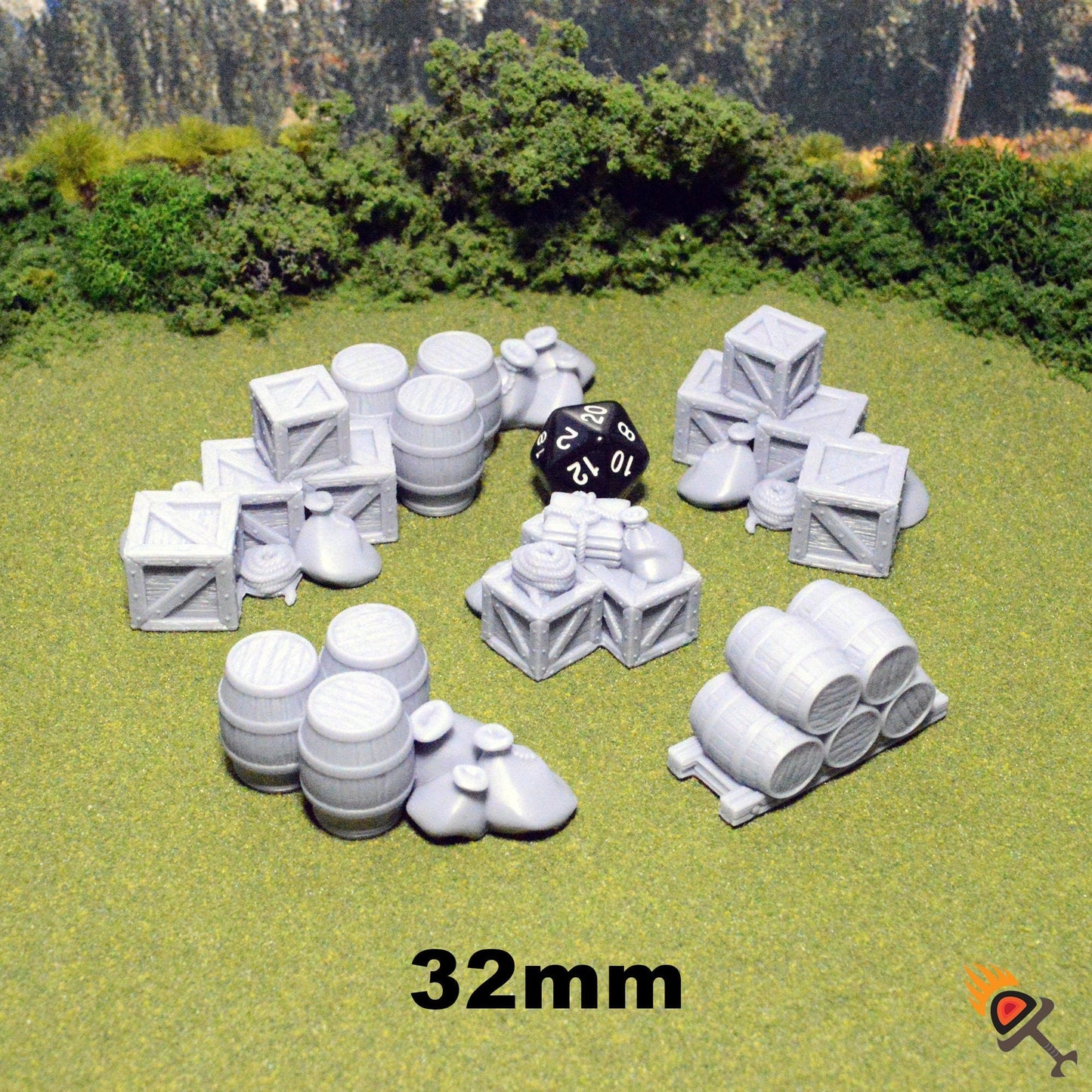 Miniature Cargo Piles 15mm 20mm 28mm 32mm for D&D Terrain, DnD Pathfinder Wargame Blood and Plunder, Merchant Supplies Barrels Crates Sacks
