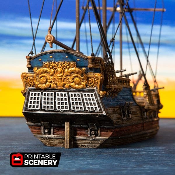 Frigate 28mm for D&D Ships, DnD Pathfinder Tabletop Pirate Boat, Blood and Plunder