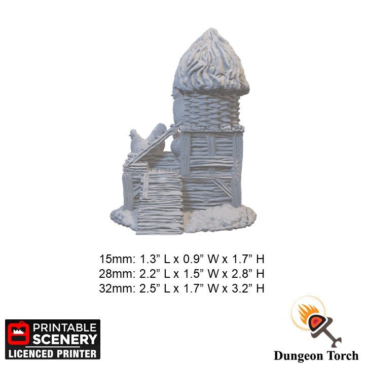 Miniature Chicken Coop with Hens 15mm 28mm 32mm for D&D Terrain, DnD Pathfinder Wargame, Diorama, Hens Tower, Hagglethorn Hollow