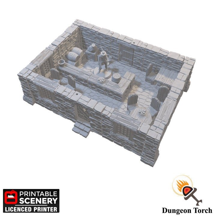 Fully Furnished Tavern 28mm for D&D Terrain, DnD Pathfinder Stone Bar with Furniture - Modular OpenLOCK Building