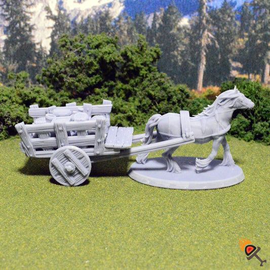 Harnessed Horse, Wagon and Cargo 28mm for D&D Terrain, DnD Pathfinder Merchant Supplies, Miniature Cart Crates Barrels Sacks