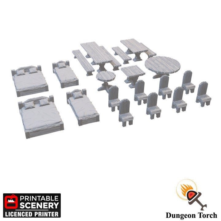 Miniature Simple Furniture 15mm 28mm 32mm for D&D Terrain, DnD Pathfinder Tavern Inn Tables Chairs and Beds