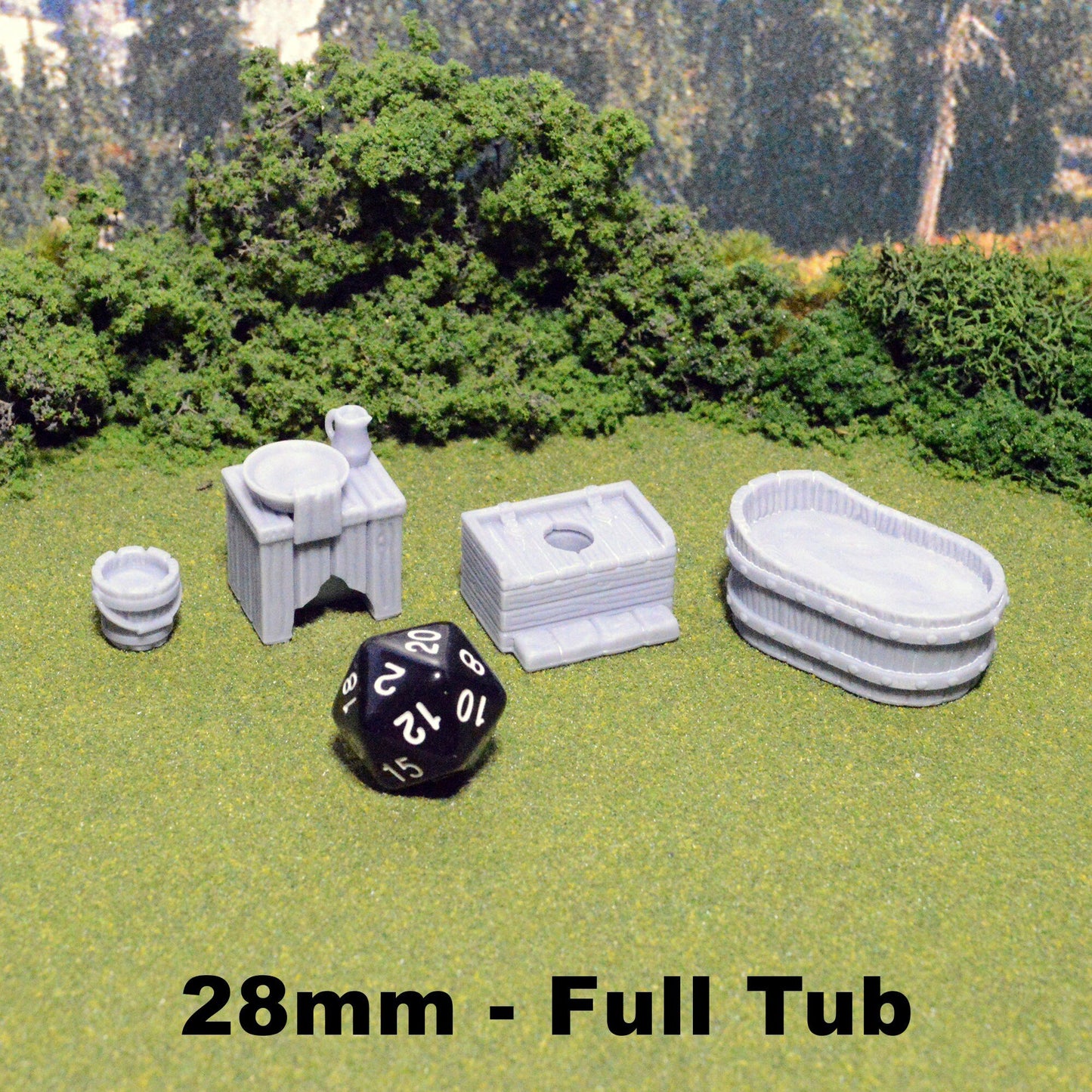 Miniature Bathroom Furniture 15mm 28mm 32mm for D&D Terrain, DnD Pathfinder Inn Tavern Furniture, Tub Privy Wash Table Bucket