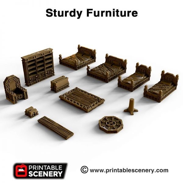 Miniature Sturdy Furniture 15mm 28mm 32mm for Tavern Terrain, D&D DnD Pathfinder, Miniature Tables Beds, Viking Barbarian Furniture