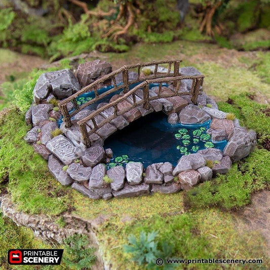 Miniature Pond with Bridge 15mm 28mm 32mm for D&D Terrain, DnD Pathfinder Fantasy Diorama Lily Pond, Miniature Fairy Garden, Zen Pool