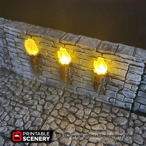 Schist Torch Wall 28mm, LED Stone Wall with Torches for D&D Terrain, Modular OpenLOCK Building Tiles, DnD Medieval Dungeon Stone Walls
